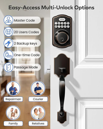 TEEHO TK001H Keyless Entry Door Lock with Handle Set, Electronic Deadbolt Keypad Door Lock with Code, Smart Locks for Front Door, Exterior Door Handle, Auto-Lock, Easy to Install, Oil-Rubbed Bronze