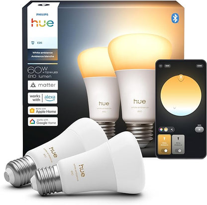 Philips Hue Smart LED A19 Bulb, White Ambiance, E26 Base, 7.2W, Full Spectrum Light 1000K-20000K, 810 Lumens, Dimmable, Works with Alexa, Google, and Apple Home, 2pk
