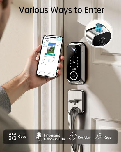Hornbill Video Smart Lock with Camera: 10-in-1 Ring+2K Camera+Doorbell+Fingerprint Keyless Entry Door Lock, Built-in WiFi Deadbolt(only 2.4G), Two-Way Audio/App Remote Control/PIR, Satin Nickel