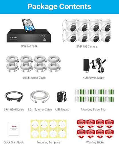 ZOSI 4K Security PoE Camera System with Person Vehicle Detection,8pcs 4K Outdoor Indoor IP Cameras,2 Way Audio,Night Vision,Sound Light Alarm,8 Ports 16CH 8MP NVR with 2TB HDD for Home 24/7 Recording