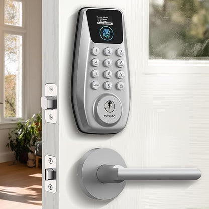 DESLOC C110 Fingerprint Keyless Entry Door Locks, Front Door Smart Lock Deadbolt with 2 Lever Handles,Auto-Lock, Backlit Keypad, 12 Months Battery, lP54 Waterproof, BHMA Grade 3 (Sliver)