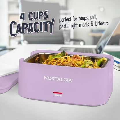 Nostalgia Portable Heated Lunch Box – 4-Cup Stainless Steel Food Warmer – Detachable Cord, Leak-Proof Lid, Carry Handle – Portable for Work & Travel – Lavender