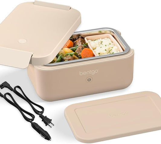 Bentgo Heat - Electric Lunch Box - Portable Food Warmer for Adults, Heated Lunch Box for Work, Travel, School & On the Go, Plug Into Wall or Car, Ideal for Ages 14+, 12V/24V & 120V Cords (Latte)