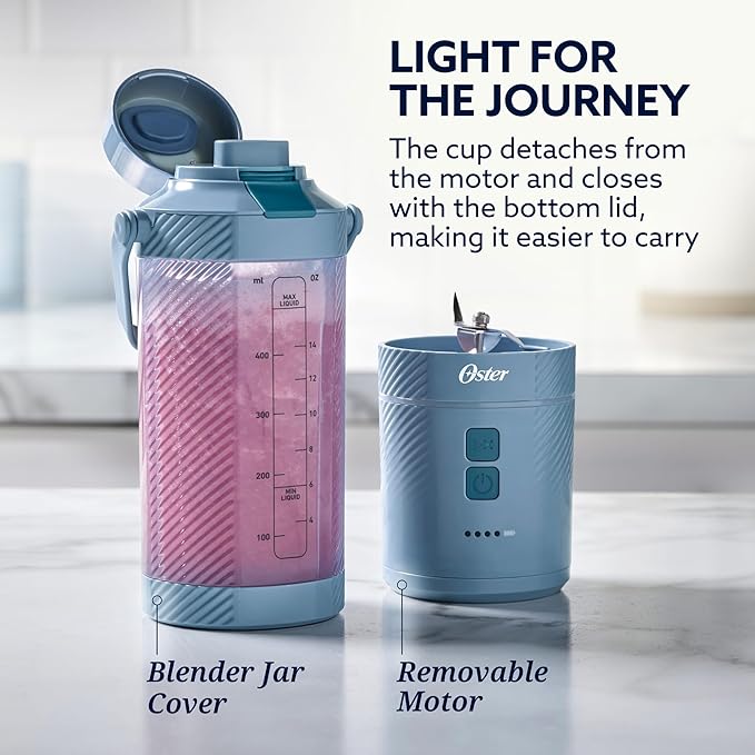 Oster – GoMax 20oz Portable Blender, Anti-Jam Reversible Blade, Detachable Travel Cup - Blue