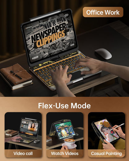 Intermerge iPad A16 11th (2025) & 10th Generation 10.9" Case with Keyboard, 360 Deg Transparent Multi-Touch Trackpad, 7-Color RGB Keyboard, Pencil Holder, Type-C, Shadow Pulse