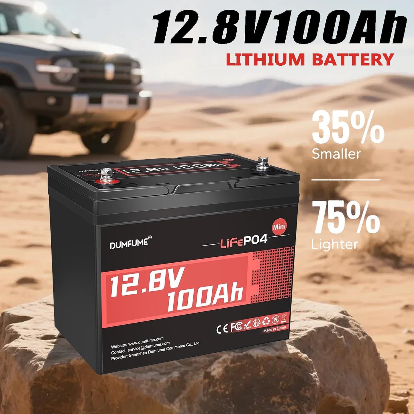 12V 100Ah Mini LiFePO4 Lithium Battery, Built-in 100A BMS,1280Wh Deep Cycle Rechargeable Battery 6000+ Cycles 10-Year Lifespan for RV, Solar, Marine and Home Energy Storage