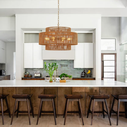 30” Large Hand-Woven Rattan Chandelier Vintage 8-Light Farmhouse Boho Bamboo Chandelier Light Fixture Retro 3-Tier Drum Wicker Rattan Golden Chandeliers for Dining Room, Kitchen, Living Room