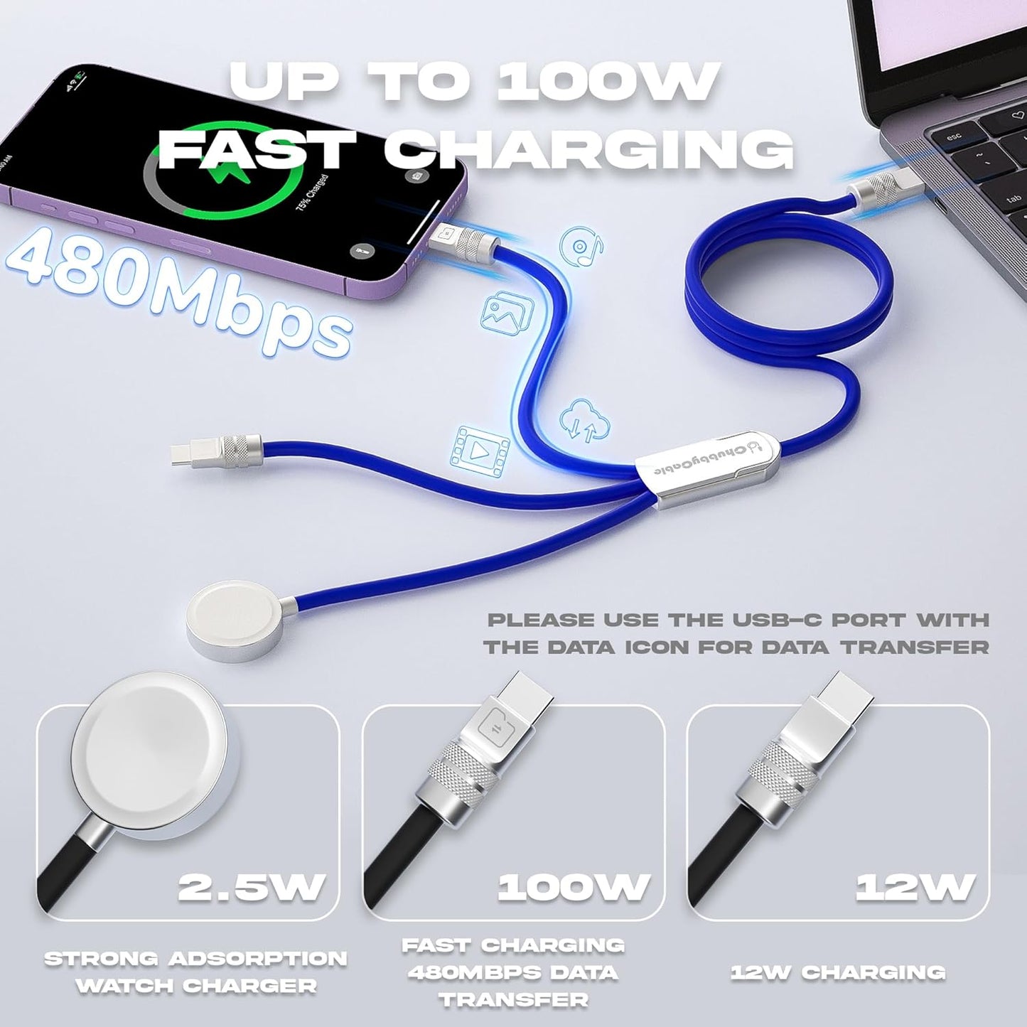 chubbycable Tri-Flex 3 in 1 USB C Cable for Apple Watch Charger Silicone 100W Multi Charging Cable Fast Charge Compatible with iPhone 16/15 Series iWatch iPad Airpods MacBook, 4.1FT, Dark Blue