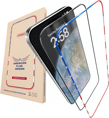 Screen Protector for iPhone 15 Pro Max - 2 Pack (USA Flag & Black) - Tempered Glass for Iphone 15 Pro Max 9H Hardness - Easy Installation, Oleophobic Coating