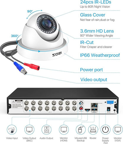 ZOSI H.265+ 16 Channel Security Camera System with AI Human Vehicle Detect, 16CH Surveillance DVR and 8 x 1080p CCTV Weatherproof Dome Camera Outdoor, 80ft Night Vision, 105°Wide Angle, 4TB Hard Drive