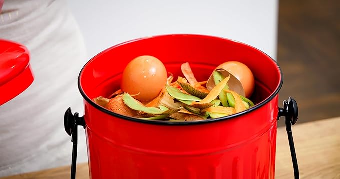 Plexon Countertop Compost Bin Kitchen with Lid, Red 1.5 Gallon Odorless Compost Container, Steel Food Compost Bucket for Kitchen with Charcoal Filter, Pail for Countertop