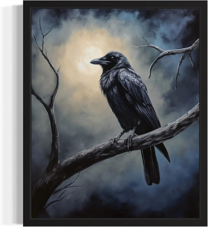 Crow under the Moonlight Poster Art Print, Halloween Scary Vintage Wall Art Academia Spooky Painting Decoration for Horror Prints, Gothic Posters Bedroom Decor 89 (Crow under the Moonlight, 16 x 20 inches, Unframed)