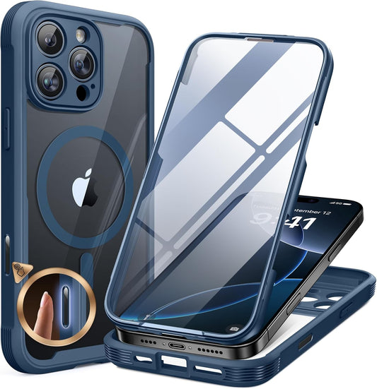 Miracase for iPhone 16 Pro Max Case 6.9'', [Bubble Free] Full-Body Bumper Phone case with Built-in Full Glass Screen &Lens Protector,Compatible with MagSafe,Drop Proof 16 Pro Max Cover,Blue
