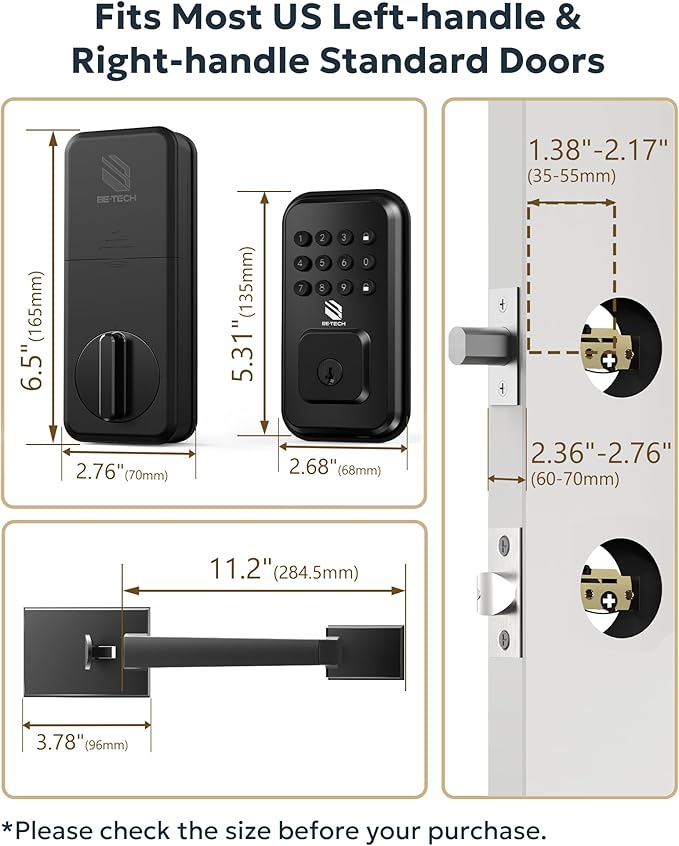 BE-TECH Keyless Entry Smart Door Lock with 2 Pull Handles, Electronic Front Door Locks Set, Digital Keypad Deadbolt, Auto Lock, One Time Codes, Anti Peeping Code, Easy Installation, Black