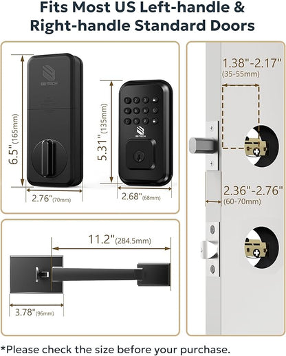 BE-TECH Keyless Entry Smart Door Lock with 2 Pull Handles, Electronic Front Door Locks Set, Digital Keypad Deadbolt, Auto Lock, One Time Codes, Anti Peeping Code, Easy Installation, Black