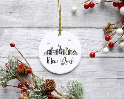 Andaz Press Round Ceramic Porcelain Christmas Tree Ornament Keepsake, New York Colorful City Skyline Graphic, 1-Pack, Birthday Gift Ideas for Family Coworker Him Her, Includes Gift Box