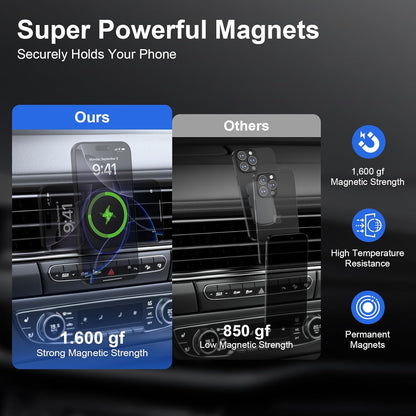 15W Magnetic Car Mount Wireless Charger for Samsung Galaxy S25 Ultra Z Fold7 Flip7 S24 FE S23 Plus S22 S21 MagSafe Wireless Charger Air Vent Auto Car Phone Holder for iPhone 16e 16 Pro Max/Plus 15 14