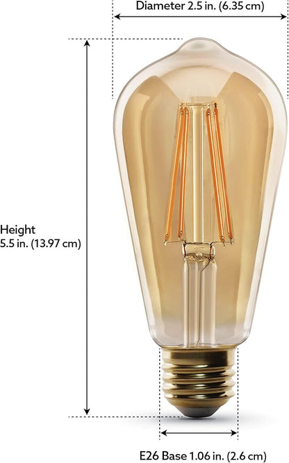 Feit Electric ST1960/FIL/AG 60 Watt Equivalent WiFi Dimmable, No Hub Required, Alexa or Google Assistant ST19 Edison Vintage LED Smart Light Bulb, Yellow, 5.4" H x 2.5" D, 2100K Amber
