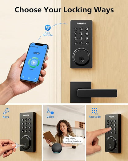 Philips Smart Lock, Smart Door Lock Built-in WiFi, App Remote Control, Keyless Entry Door Lock for Front Door, Deadbolt Lock Auto Lock, Support Alexa & Google, IP54 Waterproof, Black