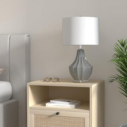 JONATHAN Y 24.5" Gray Ceramic Table Lamp for Bedroom, Modern Bedside Desk Lamp, White Linen Drum Shade, Fluted Gourd for Living Room, LED Bulb Included (JYL8018B)