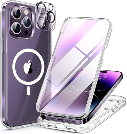 Miracase Magnetic for iPhone 14 Pro Case 6.1 inch, (Compatible with MagSafe) Upgrade Full-Body Clear Phone Bumper Case with Built-in 9H Tempered Glass Screen Protector, Magnetic Clear