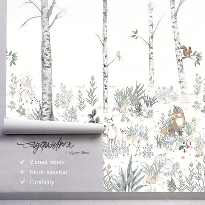 -Nursery Cartoon Woods Hand-Painted Animal Wallpaper Children's Room XT10 S 100" x 65"