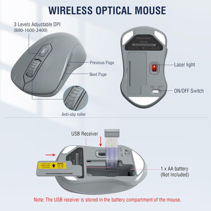 Wireless Keyboard and Mouse Combo, EDJO 2.4G Full-Sized Ergonomic Computer Keyboard with Wrist Rest and 3 Level DPI Adjustable Wireless Mouse for Windows, Mac OS Desktop/Laptop/PC(Grey)