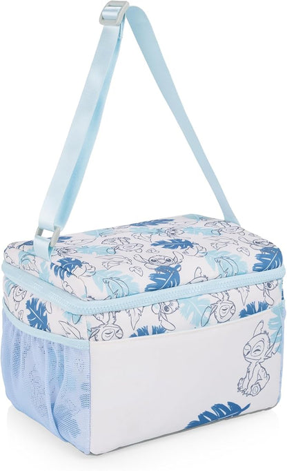 PICNIC TIME Disney Lilo & Stitch Modern Lunch Cooler, Insulated Lunch Box for Work, Travel, and Outdoor Use, Waterproof Cooler Bag with Adjustable Strap and Mesh Pockets, (White with Blue Leaf Design)
