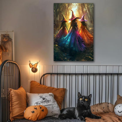 Halloween Room Decor Wall Art Colorful Witch Prints,Vintage Three Colorful Witches in Forest Halloween Posters,Fall Fantasy Aesthetic Pictures Playful Art Wall Decor for Bedroom,12"x18" Framed