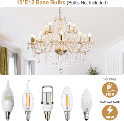 Modern Elegant 15 Lights K9 Crystal Glass Chandelier Golden Pendant Ceiling Lighting European Style for Dining Living Room Bedroom Transparent,15 E12 Bulbs Required