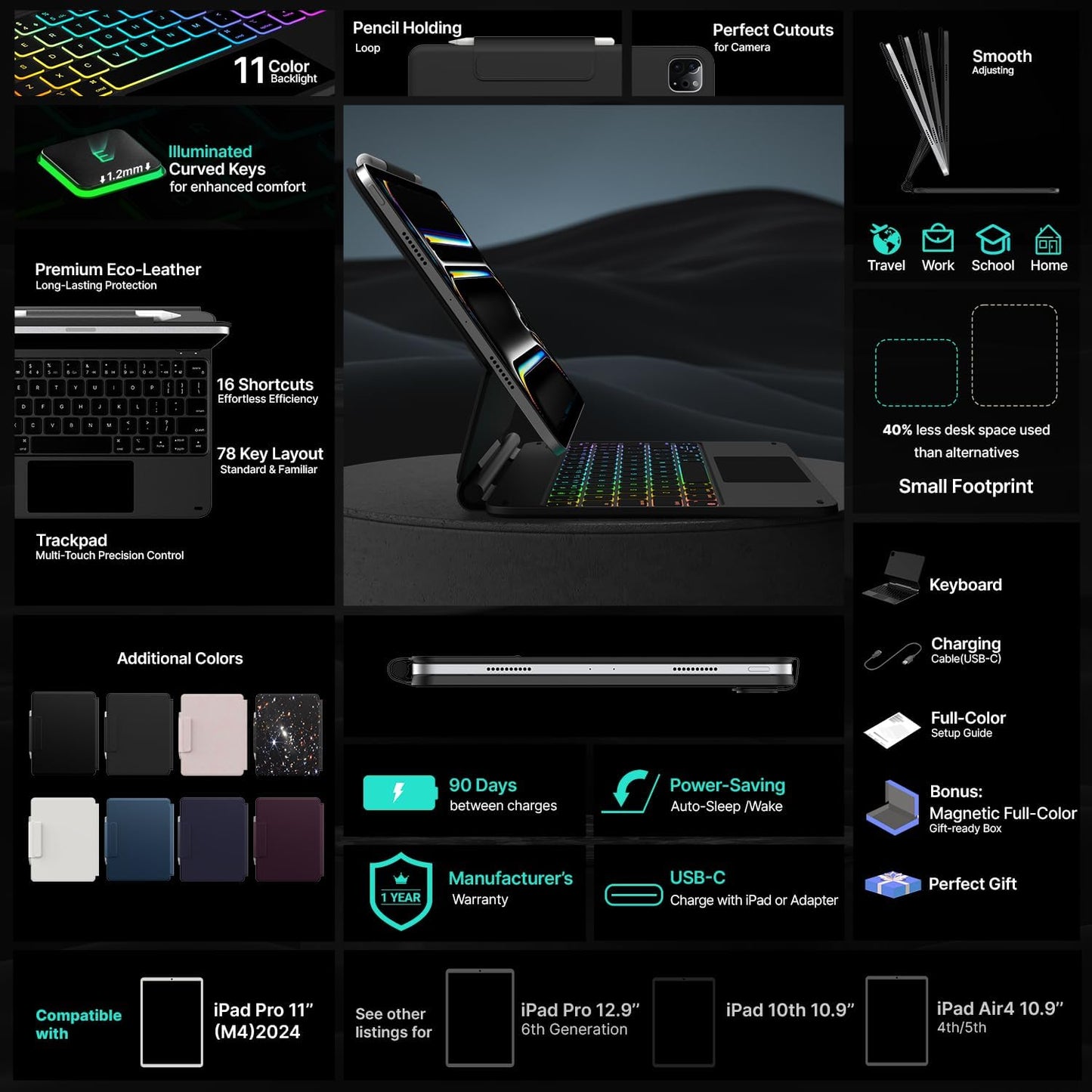 typecase Edge Keyboard Case for iPad Pro 11-inch (M4) 2024,Magic Keyboard with 11 Colors Backlight for iPad Pro 11,Keyboard Case with Pencil Holder,Multi-Touch Trackpad, Easy-Set Magnetic Stand,Black