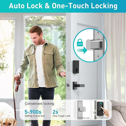 Smart Door Lock Set Keyless Entry Fingerprint Touchscreen Keypad APP IC Card Key Type-C Charging Unlocking with 2 Handles 6 in 1 Electric Biometric Digital Deadbolt for Front Doors Apartment