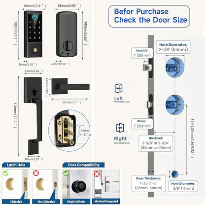 BEBASIA Smart Door Lock with Front Door Handle Set, Heavy Duty Fingerprint Handleset, Keyless Entry Smart Deadbolt for Front Door, Bluetooth Keypad Digital Lock Black