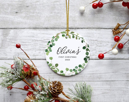 Andaz Press Personalized Round Ceramic Porcelain Christmas Tree Ornament Keepsake Collectible New Baby Gift, Olivia's First Christmas 2025, Farmhouse Eucalyptus Wreath, 1-Packs