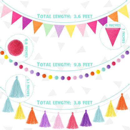 Irenare 9.8 ft Pom Pom Garland Felt Colorful Tassel Banner Christmas Party Pompoms Garland Decorations Felt Pennant Banner for Classroom Home Mantel Fireplace Birthday(Candy Color)