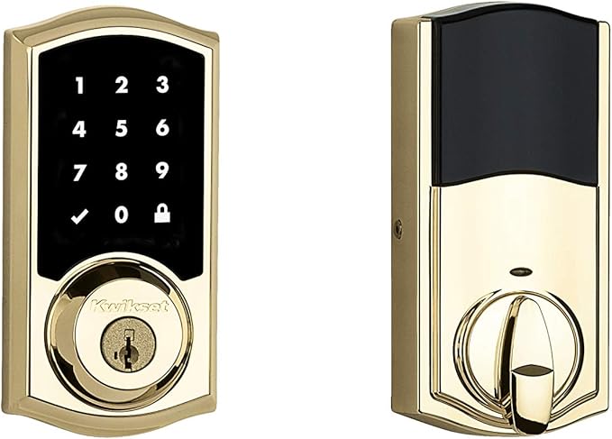Kwikset 916 Keyless Entry Touchscreen SmartCode Electronic Deadbolt Smart Lock Featuring SmartKey Security and ZigBee 3.0 Technology in Traditional Polished Brass, Zigbee Hub Sold Separately