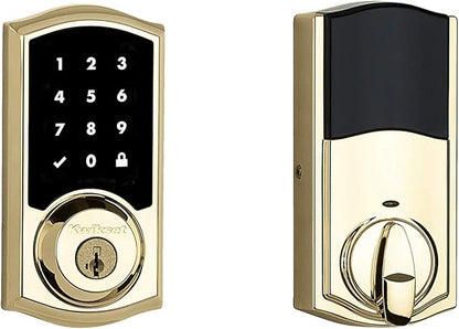 Kwikset 916 Keyless Entry Touchscreen SmartCode Electronic Deadbolt Smart Lock Featuring SmartKey Security and ZigBee 3.0 Technology in Traditional Polished Brass, Zigbee Hub Sold Separately