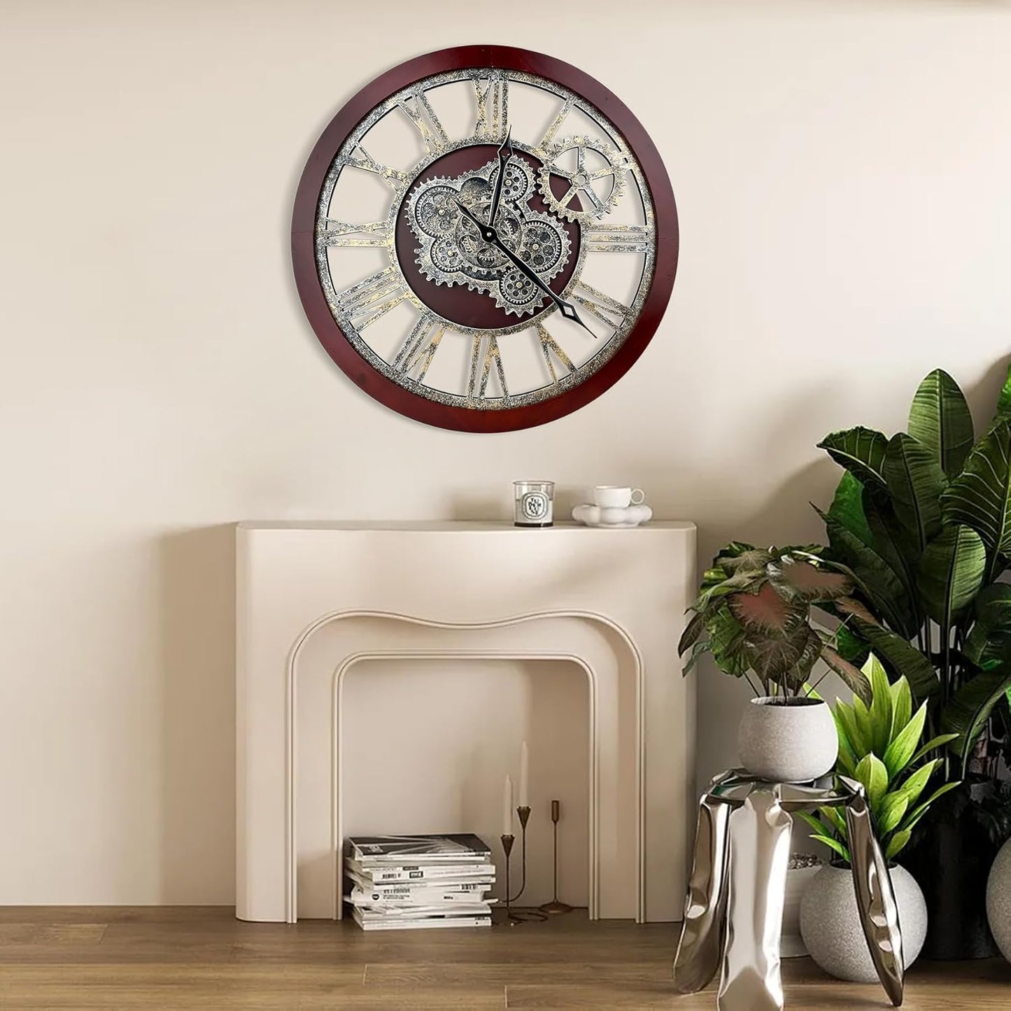 HOIBAI Large Wall Clock, 18 Inch Wall Clocks for Living Room Decor Farmhouse Vintage Rustic Kitchen Wall Decor Vintage Roman Big Oversized Wall Clock for Home Bedroom House Office, Moving Gears Clock