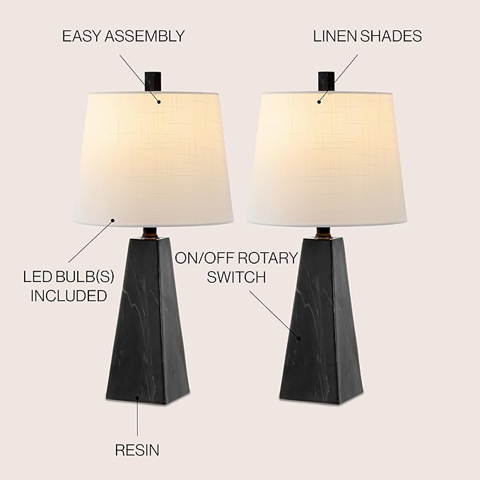 JONATHAN Y 20.5" Black Marble Finish Modern Resin Table Lamp for Bedroom Living Room, Contemporary Faceted Bedside Lamp with White Linen Shade, LED Bulb Included (JYL1037D-SET2)