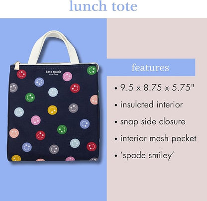 kate spade new york Cute Lunch Bag for Women, Large Capacity Adult Lunch Box with Silver Thermal Insulated Interior Lining and Storage Pocket (Spade Smiley)
