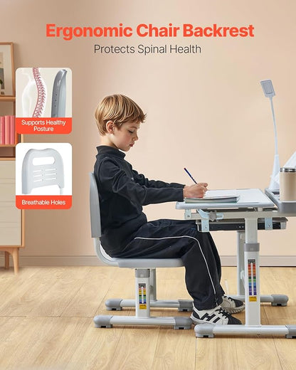 VEVOR Kids Study Chair and Desk Set, Study Desk and Chair for Kids with Table Lamp, Adjustable Height & 0-40° Tilted Desktop Kids Desk and Chair, Children Study Table for Bedroom & Study Room, Grey
