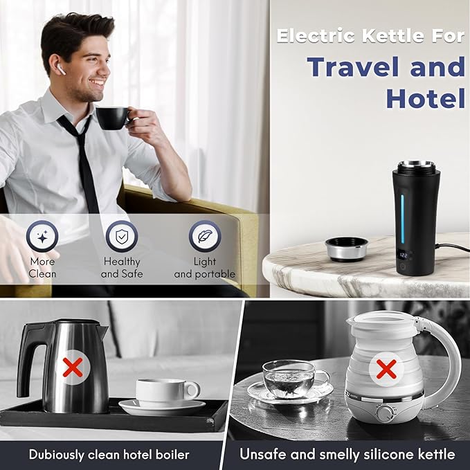 Dual Voltage Travel Kettle, 110-240V Portable Electric Kettle with LCD Display, 4 Temperature Settings, 4 Colors LED for Global Use (350ML)