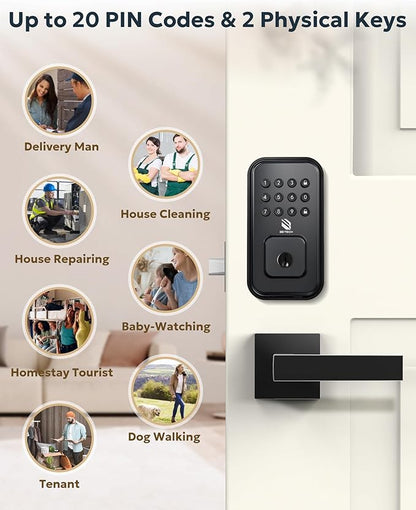 BE-TECH Keyless Entry Smart Door Lock with 2 Lever Handles, Electronic Front Door Locks Set, Digital Keypad Deadbolt, Auto Lock, One Time Codes, Anti Peeping Code, Easy Installation, Black