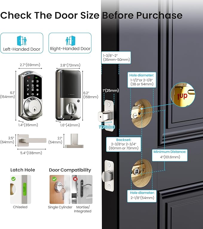 Veise VE06-L Smart Locks with 2 Lever Handle Set, App Control, Keyless Entry Deadbolt for Front Door, Electronic Digital Touchscreen Keypad, Auto Lock, Waterproof, Easy Installation, Satin Nickel