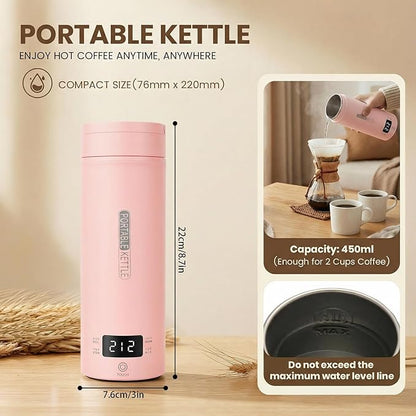 Pink Portable Electric Kettle forTravel, Small Hot Water Kettle with NTC Temperature Control and Auto Shut-Off, 316 Stainless Steel, Green 110V & 15oz