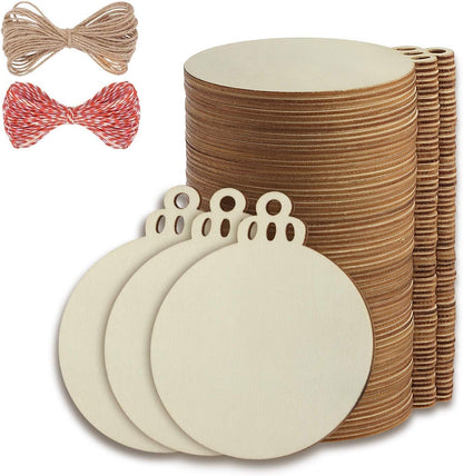 Fuyit 100Pcs 4 Inch Wooden Christmas Ornaments Unfinished Predrilled Wood Slices with Holes, Uniform Wood Round Circles Blank Discs for DIY Crafts Party Decorations