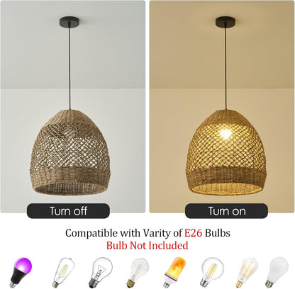 13.77" Rattan Pendant Light Rustic Hand-Woven Wicker Hanging Light 1-Light Water Plants Rattan Chandelier for Dining Living Bedroom Kitchen Farmhouse
