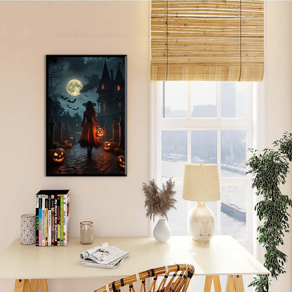 JFHCQJPK Halloween theme poster moonlit autumn night witch vintage poster art print dark college style gothic painting canvas wall decoration bedroom living room ideal gift8x12in Metal blackFramed