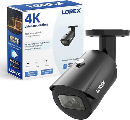 Lorex 4K 8MP IP Bullet PoE Black Wired Security Camera | Add-On Camera | Color Night Vision | Smart Motion Detection (Person/Vehicle) | Listen-in Audio | IP67 Weatherproof | Metal Housing