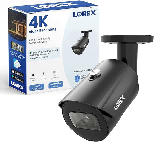 Lorex 4K 8MP IP Bullet PoE Black Wired Security Camera | Add-On Camera | Color Night Vision | Smart Motion Detection (Person/Vehicle) | Listen-in Audio | IP67 Weatherproof | Metal Housing